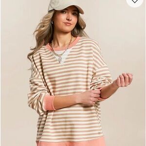 Buckle Striped Crewneck Sweater in Beige and Pink